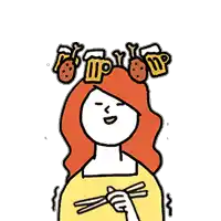 a woman with red hair is holding chopsticks and wearing a crown of beer glasses .