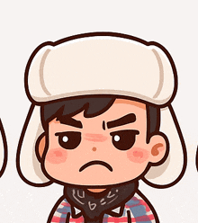 a cartoon drawing of a man wearing a hat and scarf