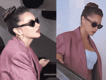 a woman wearing sunglasses and a pink jacket with minimalmoons written on the bottom right