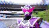 a purple and pink superhero with the words `` murasame alter mode '' written on the bottom .