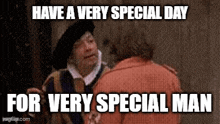 a man in a beret is talking to another man in a red jacket .