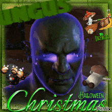 a picture of a man with purple eyes and the words halloween christmas on it
