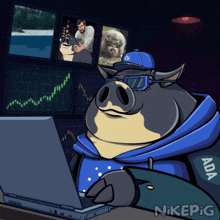 a cartoon of a pig wearing glasses and a hat with nikepig written on the bottom
