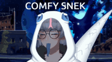 a cartoon character with a comfy snek written on the bottom