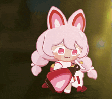 a cartoon character with pink hair and ears is holding a red shield