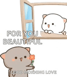 a cartoon cat is holding a flower in front of a window and says `` for you beautiful good morning love '' .