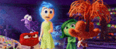 a group of cartoon characters are standing next to each other in a dark room
