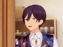 a boy with purple hair and blue eyes is standing in front of a bookshelf .