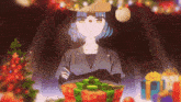 a girl wearing a santa hat stands in front of a christmas tree and presents