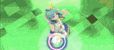a girl with green hair is standing in front of a sign that says " perfect "