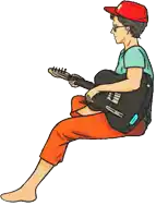 a cartoon drawing of a man sitting down playing a guitar