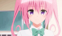 a girl with pink hair and purple eyes is wearing a bow tie