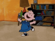 lucy brown from the peanuts cartoon is dancing in a room .