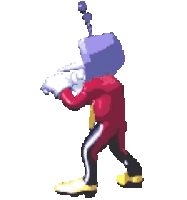 a pixel art of a cartoon character with a television on his head