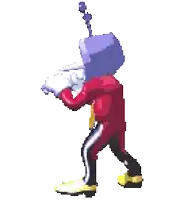 a pixel art of a cartoon character with a television on his head