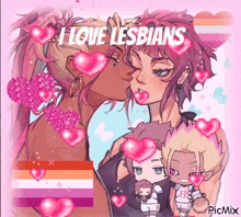 a picture of two girls kissing with the words " i love lesbians " on the bottom