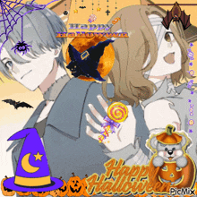 a couple standing next to each other with a happy halloween message