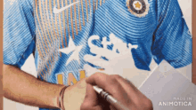 a person is drawing a picture of a man wearing a blue nike jersey
