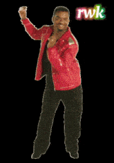 a man in a red jacket is dancing in front of a sign that says rvk