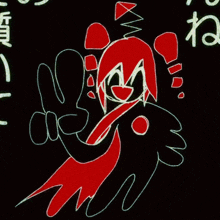 a drawing of a person with red hair giving a peace sign with their tongue hanging out