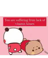 a panda bear is laying on another bear 's back with a caption that says you are suffering from lack of vitamin kisses