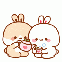 two cartoon rabbits are sitting next to each other holding cups