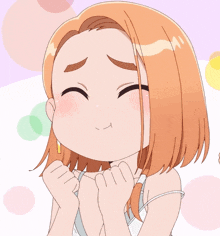 a cartoon girl with orange hair is smiling and making a funny face