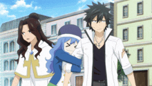 three anime characters are standing in front of a building