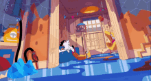 a cartoon drawing of a cat sitting on a couch with a telephone in the background