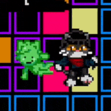 a pixel art of a cat standing next to a green frog in a video game .
