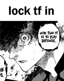 a black and white drawing of a man with a speech bubble saying how fun it is to play defense