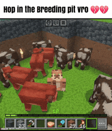 a screenshot of a video game with the words hop in the breeding pit vro