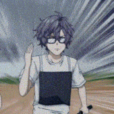 a man with purple hair and glasses is walking down a dirt road holding a sword .