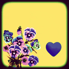 a bunch of purple and blue flowers on a yellow background