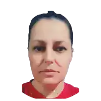 a woman in a red shirt looks at the camera with a sad look on her face