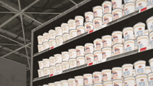 a shelf full of cup noodles with a price tag that says 340