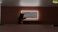 a bear is standing in front of a screen that says " sell here "