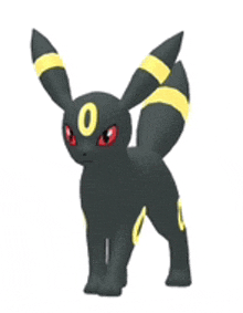 a black and yellow pokemon with red eyes and a yellow tail is standing on a white background .