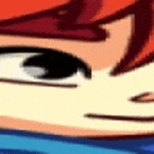 a close up of a cartoon character 's face with red hair and a blue shirt .