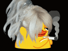 a yellow duck with a braided ponytail smoking a cigarette