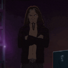 a cartoon of a man with long hair and a beard standing with his arms crossed