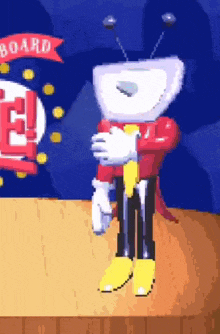 a cartoon character standing on a stage with a sign that says board in the background