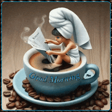 a cup of coffee with a girl reading a newspaper and the words good morning written on it