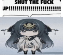 a little girl with long hair is standing next to a sign that says `` shut the fuck up ! ''
