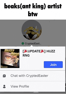 a screenshot of a person 's profile that says beaks ant king artist btw