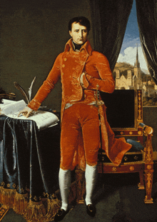 a painting of napoleon standing in front of a table with a feather pen