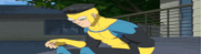 a man in a yellow and blue superhero costume is kneeling down on the ground .