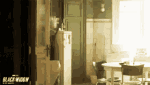 a room with a table and chairs and the word black widow on the wall
