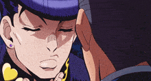 a close up of a person 's face with purple hair