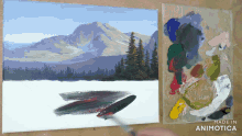 a painting of a mountain landscape is being painted on a canvas